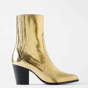NWT Zara Gold Animal Print Metallic Heeled Boot